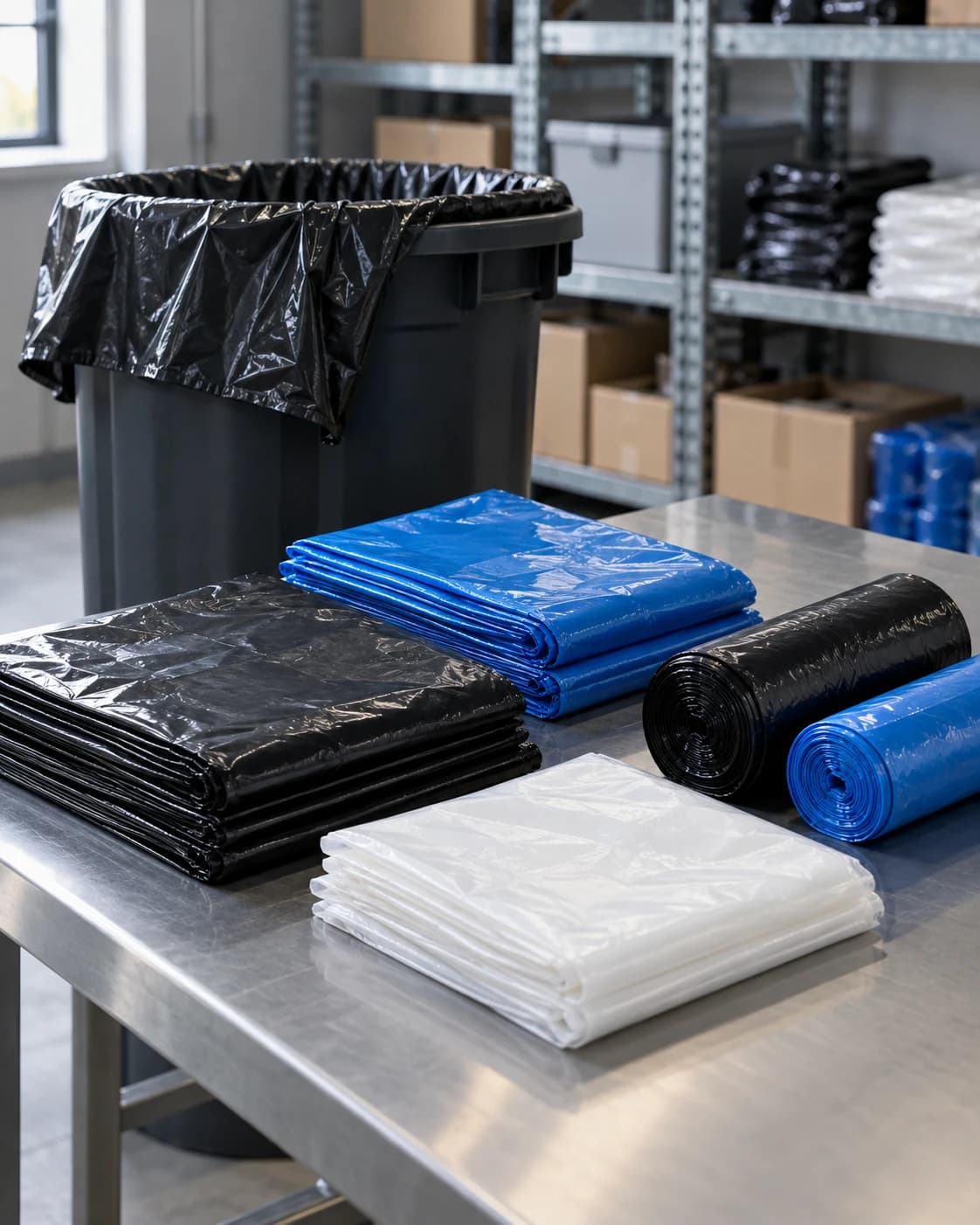 Sacos de lixo pretos, azuis e brancos em diferentes tamanhos e espessuras